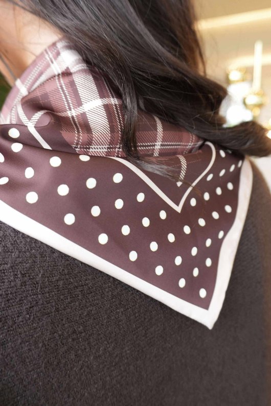 Plaid & Polka Border Triangle Silk Neckerchief Brown